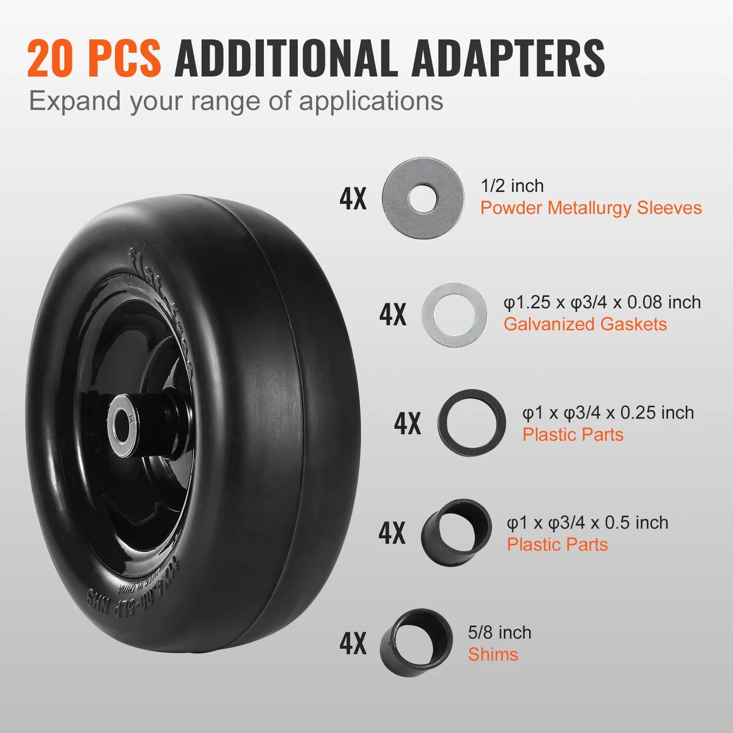VEVOR Lawn Mower Tires with Rim, 11X4-7 Tubeless Tractor Tires, 2-Pack Tire and Wheel Assemby, Flat-Free PU Tire, 3.4 Centered Hub, 3/4 Bushing Size, 20 PCS Adapters for Riding Mowers Lawn Tractors