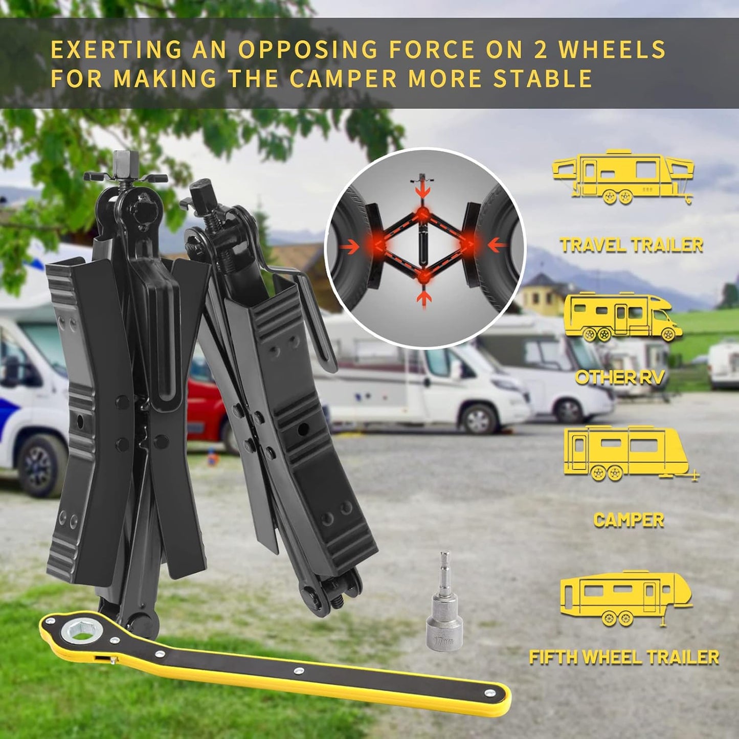 Camper Wheel Chock Stabilizer 2 Sets, Double Speed Heavy Duty Truck RV Tire Scissor Locking X Chock, Camper Accessories for Travel Trailers Tire Chalks, anti Rust Coating, Fit for 3.5” to 12”