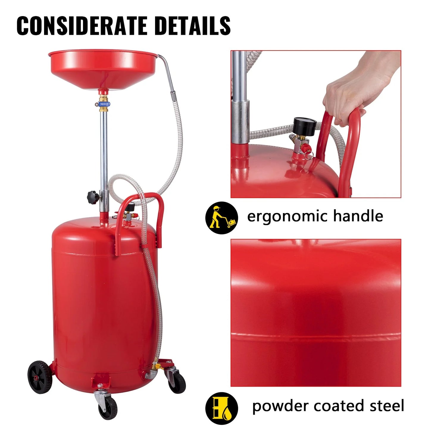 VEVOR Waste Oil Drain Tank 20 Gallon Portable Oil Drain Air Operated Drainer Oil Change, Oil Drain Container, Fluid Fuel Transfer Drainage Adjustable Funnel Height, with Wheel for Easy Oil Removal