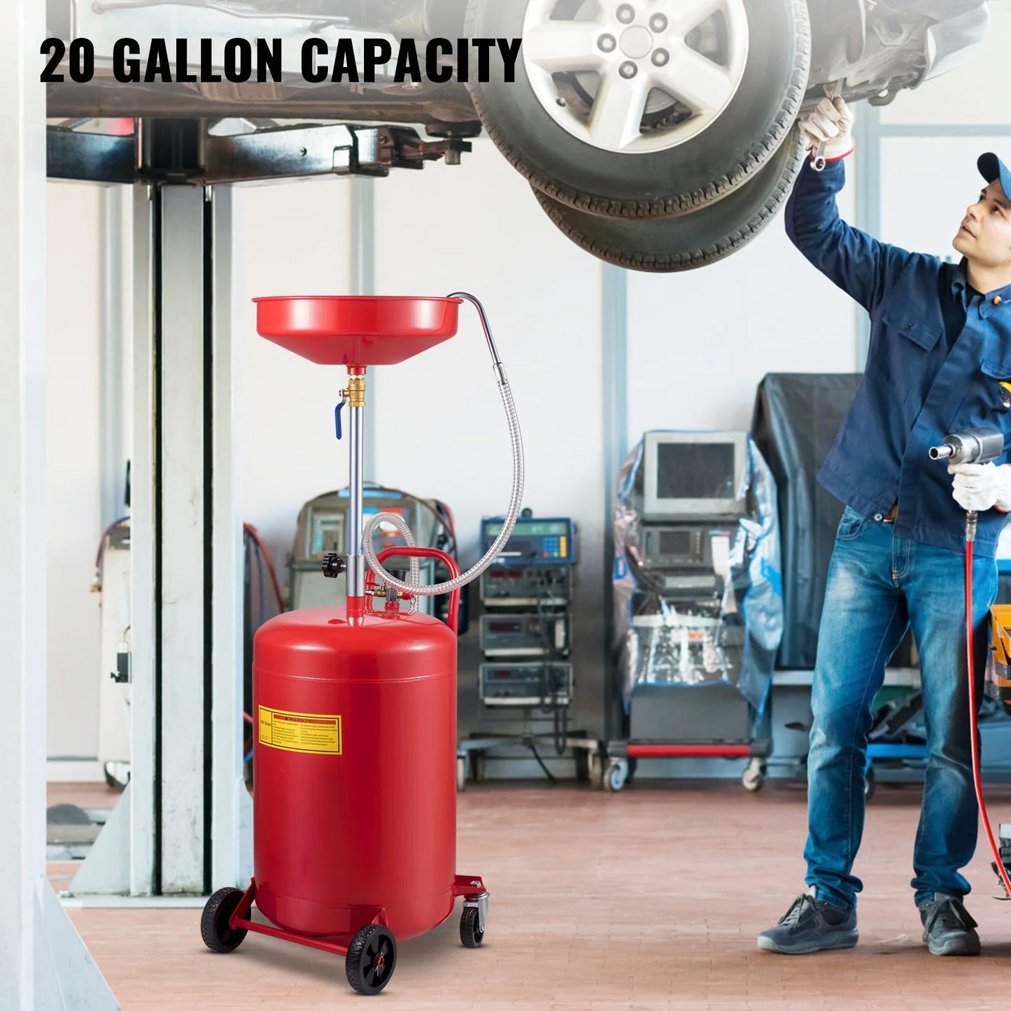 VEVOR Waste Oil Drain Tank 20 Gallon Portable Oil Drain Air Operated Drainer Oil Change, Oil Drain Container, Fluid Fuel Transfer Drainage Adjustable Funnel Height, with Wheel for Easy Oil Removal