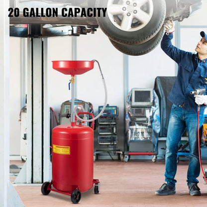 VEVOR Waste Oil Drain Tank 20 Gallon Portable Oil Drain Air Operated Drainer Oil Change, Oil Drain Container, Fluid Fuel Transfer Drainage Adjustable Funnel Height, with Wheel for Easy Oil Removal
